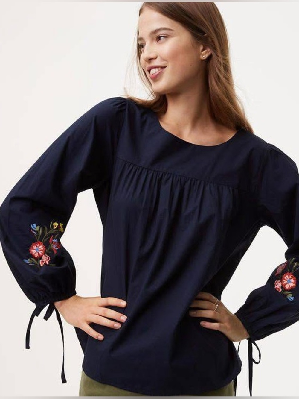 LOFT Navy Embroidered Lightweight Top size Medium